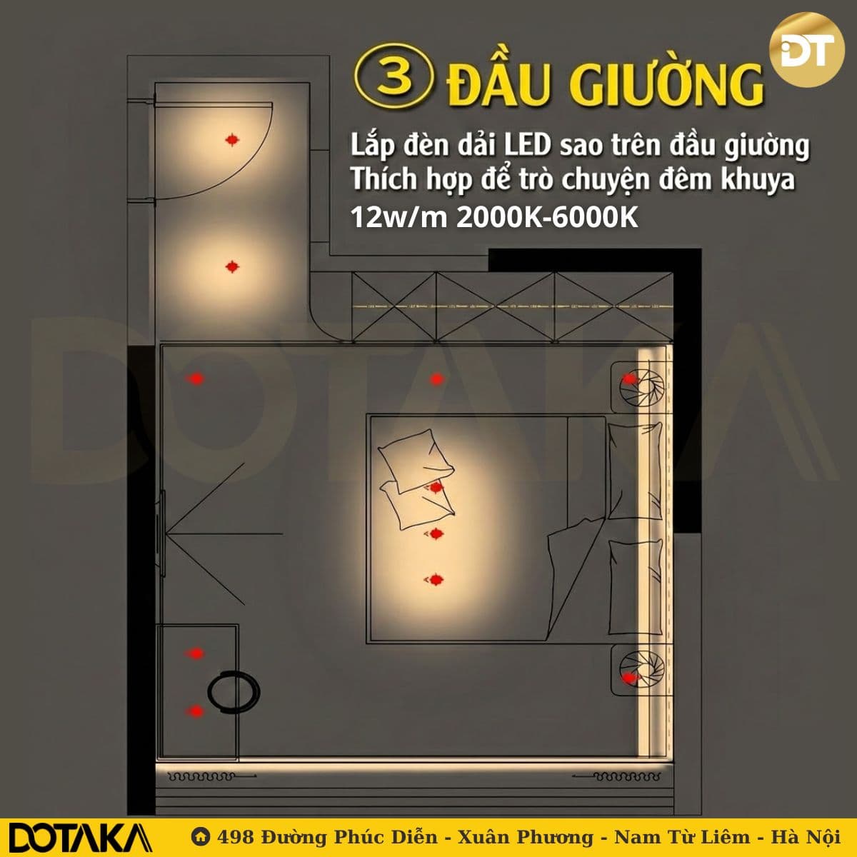 Vị trí 3: Đầu giường - Ánh sáng thư giãn, ấm cúng