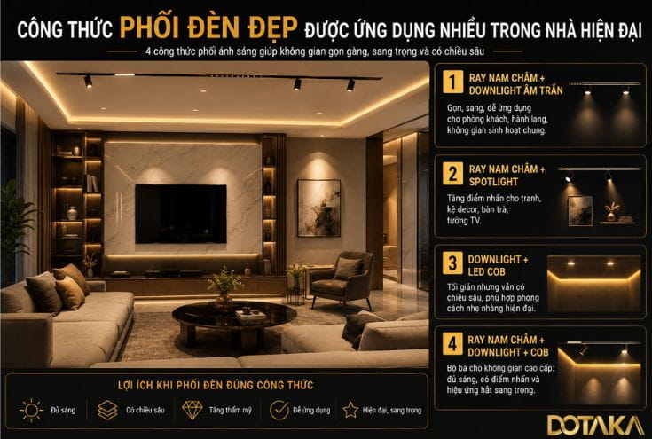 Công thức phối đèn đẹp được ứng dụng nhiều trong nhà hiện đại
