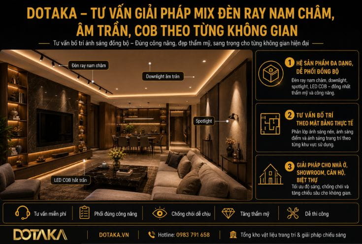 DOTAKA – Tư vấn giải pháp mix đèn ray nam châm, âm trần, COB theo từng không gian