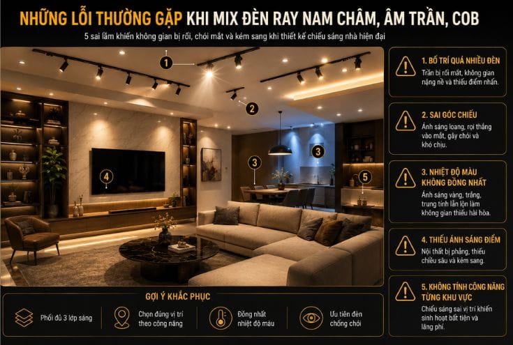 Những lỗi thường gặp khi mix đèn ray nam châm, âm trần, COB
